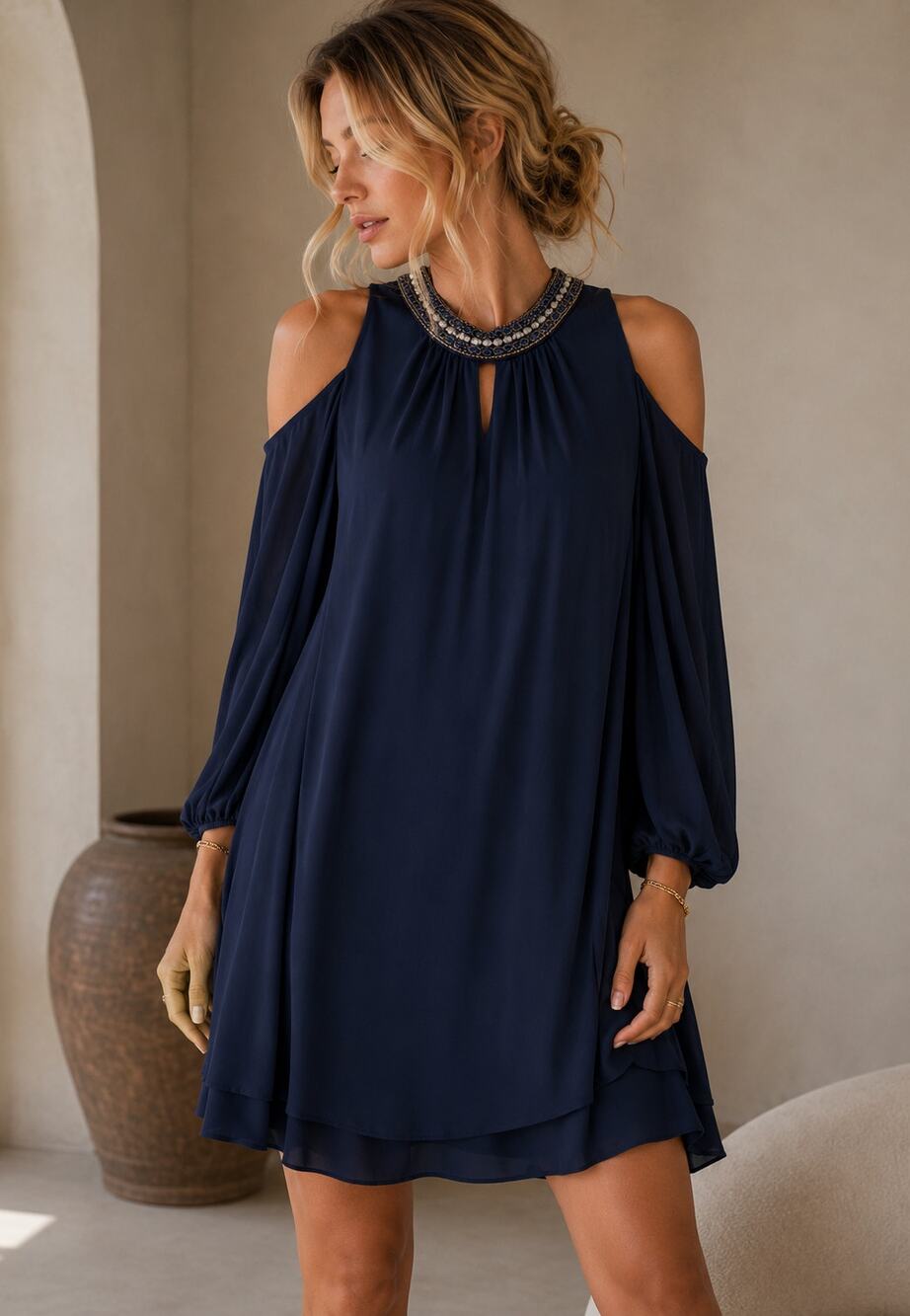 X by Xscape Blue Beaded Collar Formal Mini Dress Women 16 Babydoll Cold Shoulder